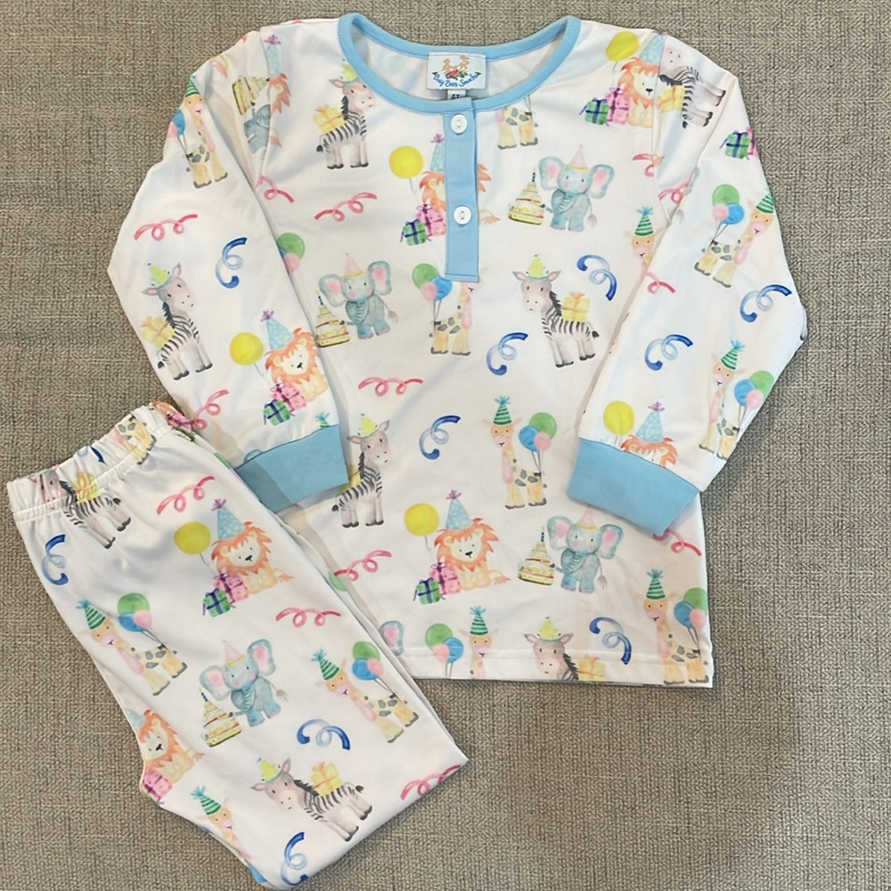 Busy Bees Smocks “party animals” birthday pajamas, watercolor print, size 4T